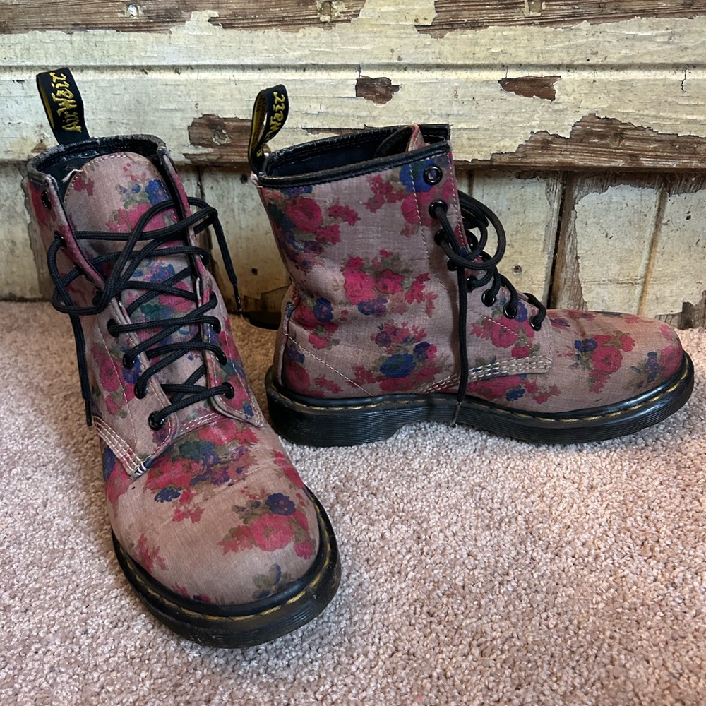 Dr. Martens Pink and Black Floral Canvas Combat Boots